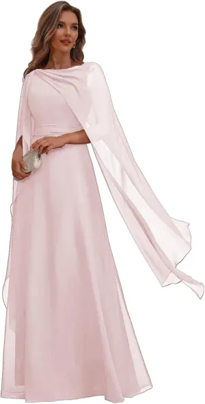 Chiffon Mother of The Bride Dresses for Wedding Corset Long Formal Evening Dress with Cape
