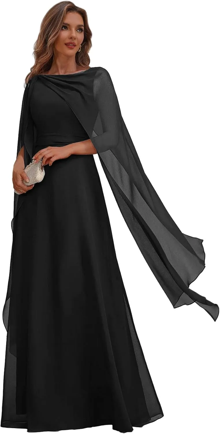 Chiffon Mother of The Bride Dresses for Wedding Corset Long Formal Evening Dress with Cape