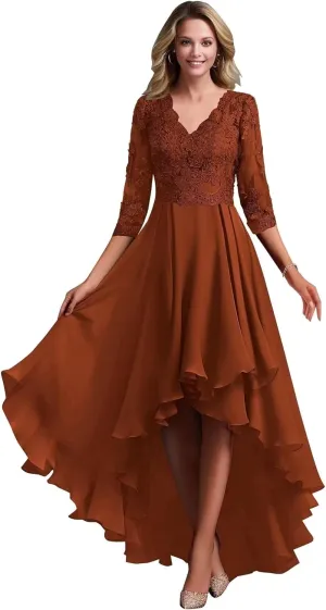 Chiffon Mother of The Bride Dresses for Wedding Lace Appliques 3/4 Sleeves High Low Formal Evening Guest Dress