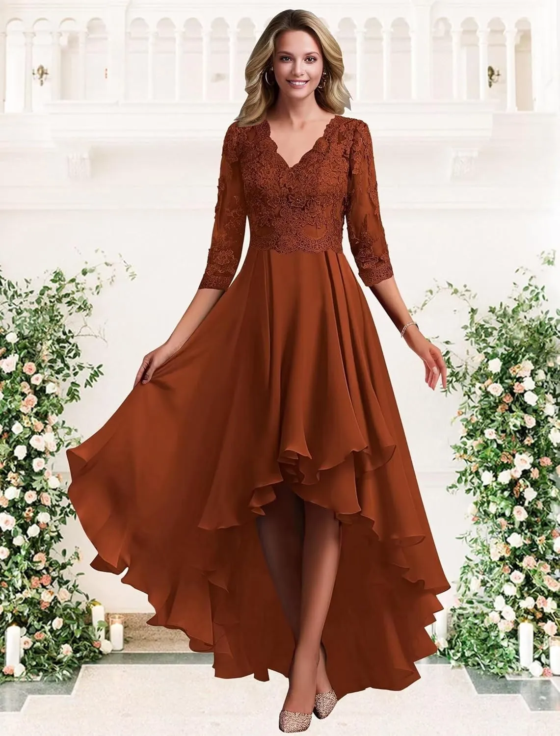 Chiffon Mother of The Bride Dresses for Wedding Lace Appliques 3/4 Sleeves High Low Formal Evening Guest Dress