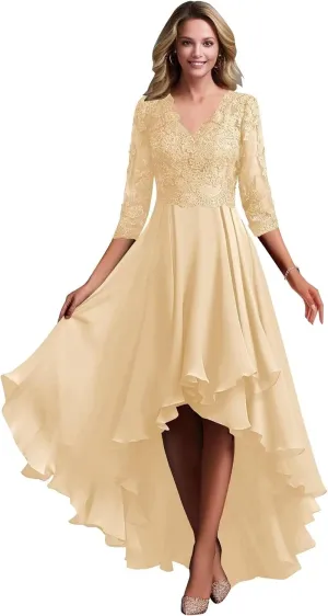 Chiffon Mother of The Bride Dresses for Wedding Lace Appliques 3/4 Sleeves High Low Formal Evening Guest Dress