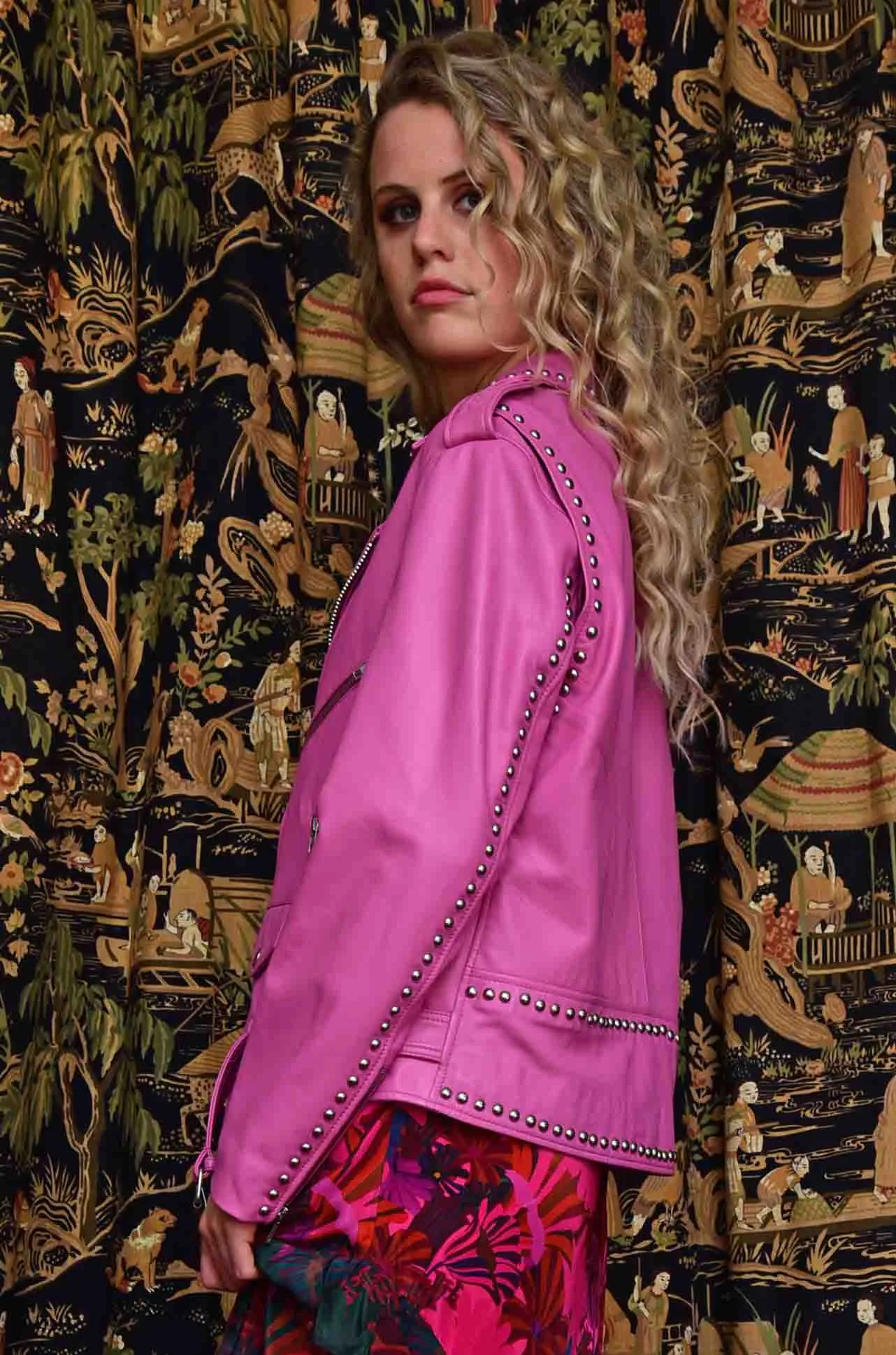 Cooper - Hide & Seek Star Studded Leather Jacket in Pink