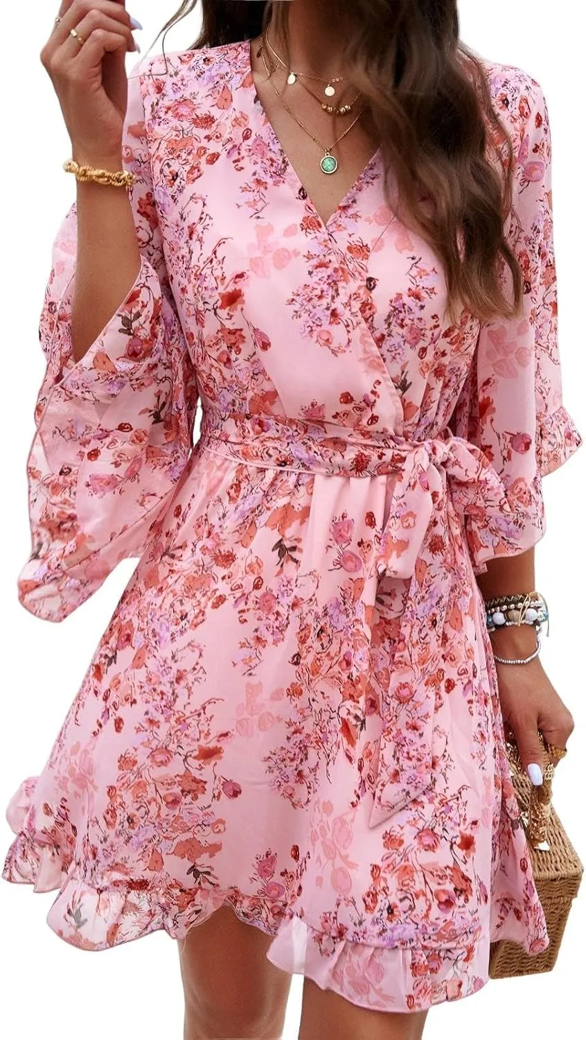 COTECRAM Summer Dresses for Women 2025 Vacation Casual V Neck Ruffle Boho Floral Chiffon Dress Cute Mini Short Dress Sundress