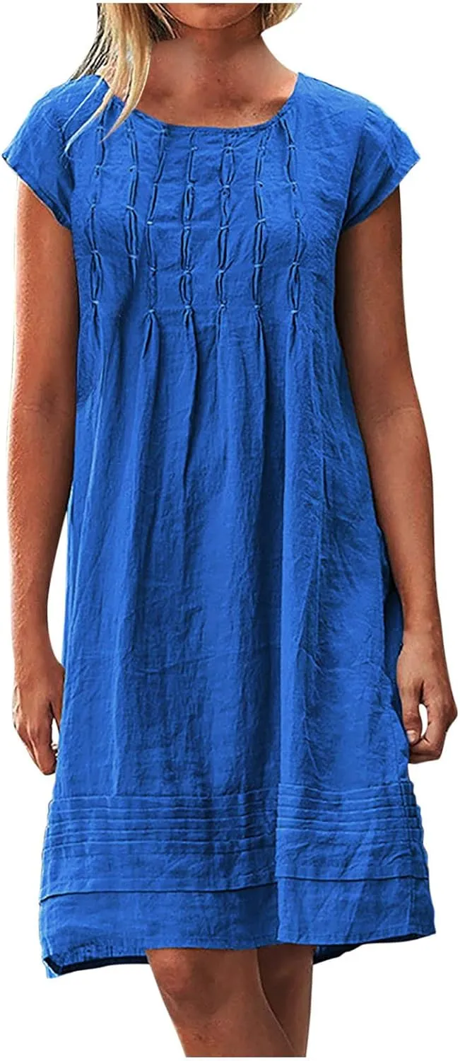 Cotton Linen Dresses for Women Casual Short Sleeve Crew Neck Floral Embroidery Dress Loose Pleated Front Midi Dress