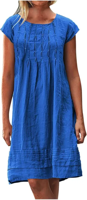 Cotton Linen Dresses for Women Casual Short Sleeve Crew Neck Floral Embroidery Dress Loose Pleated Front Midi Dress