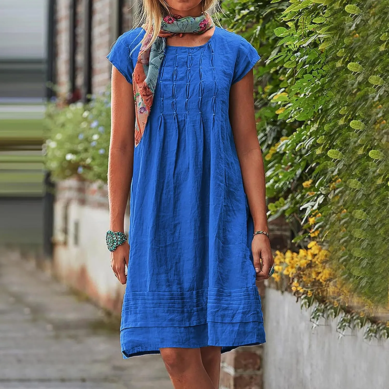 Cotton Linen Dresses for Women Casual Short Sleeve Crew Neck Floral Embroidery Dress Loose Pleated Front Midi Dress