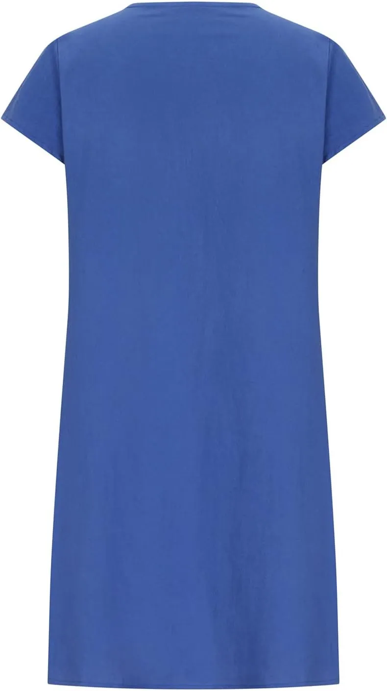 Cotton Linen Dresses for Women Casual Short Sleeve Crew Neck Floral Embroidery Dress Loose Pleated Front Midi Dress