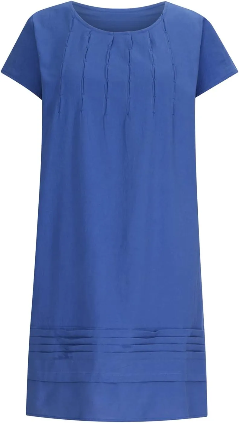 Cotton Linen Dresses for Women Casual Short Sleeve Crew Neck Floral Embroidery Dress Loose Pleated Front Midi Dress