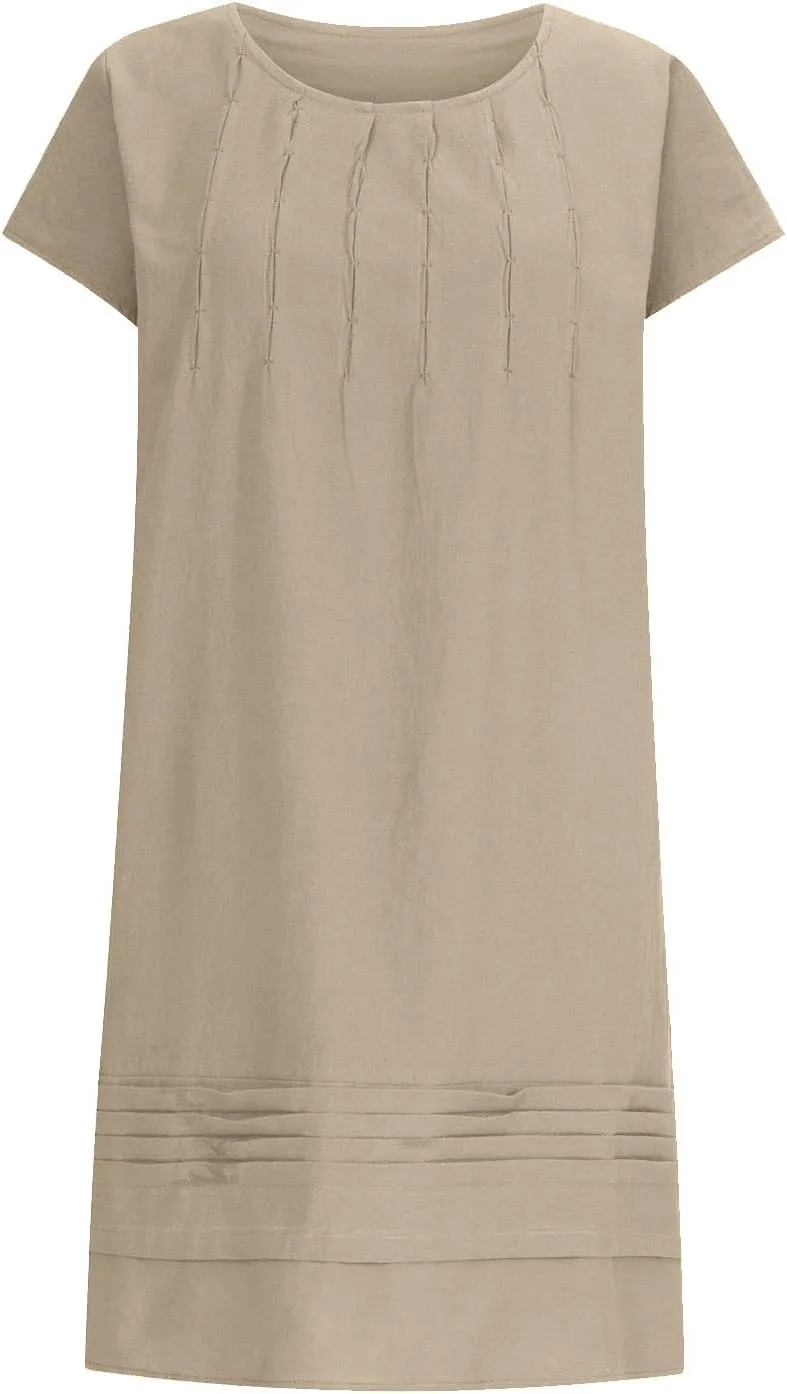 DDAPJ pyju Linen Midi Dresses for Women Plus Size Cap Sleeve Pleated Crewneck Shirt Dress Summer Casual Beach Vacation Outfit