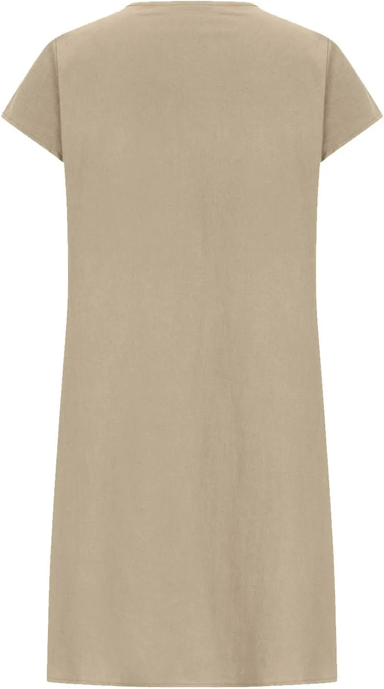 DDAPJ pyju Linen Midi Dresses for Women Plus Size Cap Sleeve Pleated Crewneck Shirt Dress Summer Casual Beach Vacation Outfit