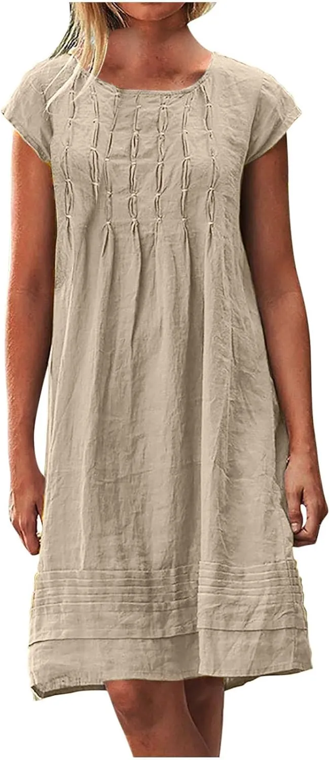DDAPJ pyju Linen Midi Dresses for Women Plus Size Cap Sleeve Pleated Crewneck Shirt Dress Summer Casual Beach Vacation Outfit