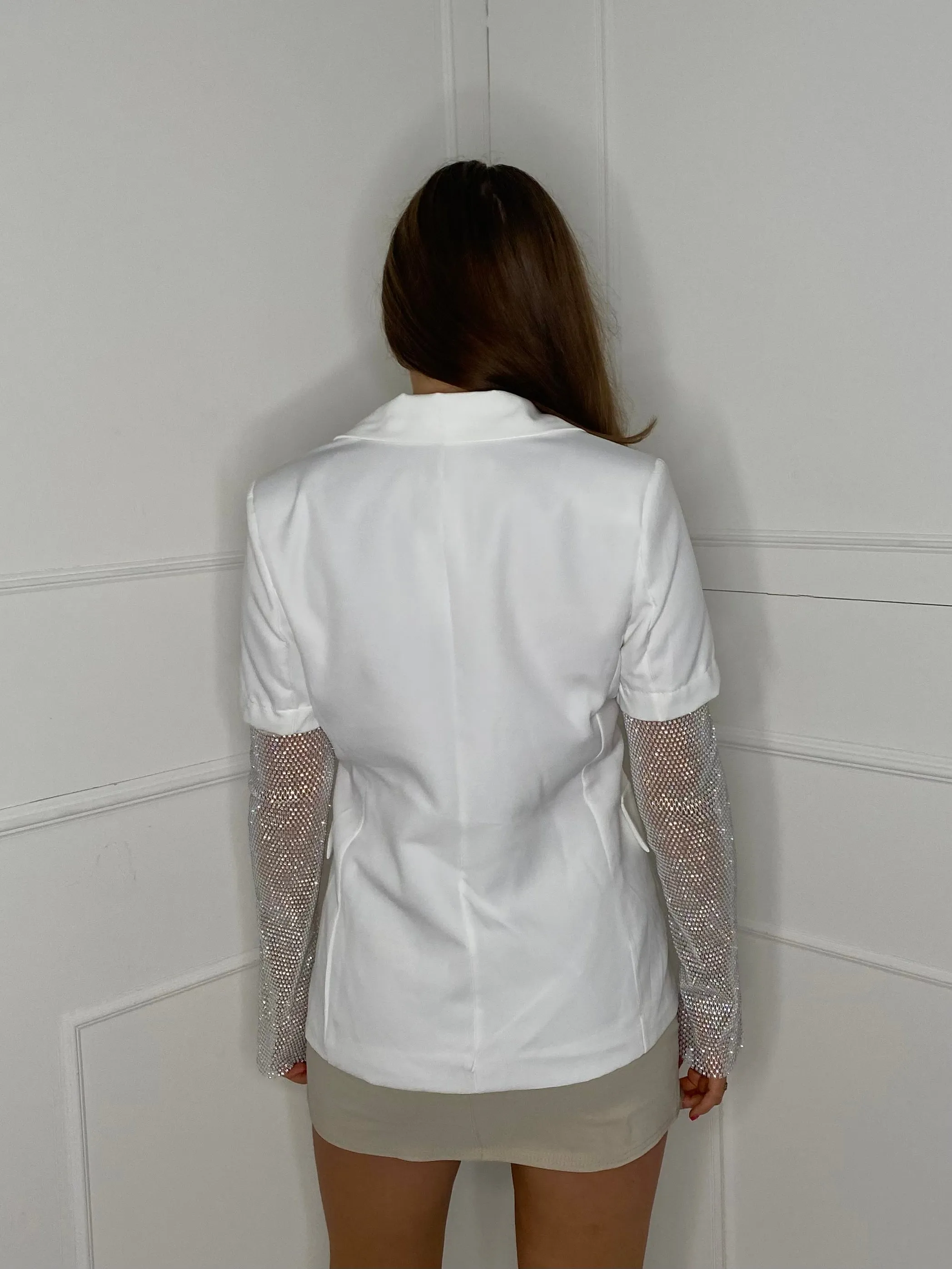 Diamanté Chainmail Sleeve Blazer - white