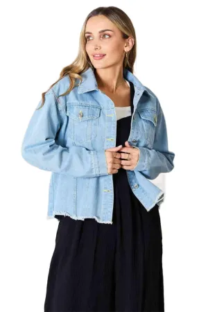 Double Take Dropped Shoulder Raw Hem Denim Jacket