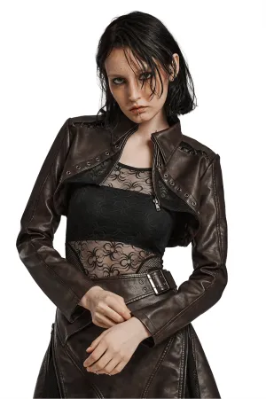 Edgy Faux Leather Punk Crop Jacket with Spikes