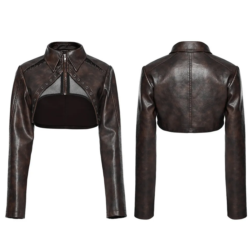Edgy Faux Leather Punk Crop Jacket with Spikes