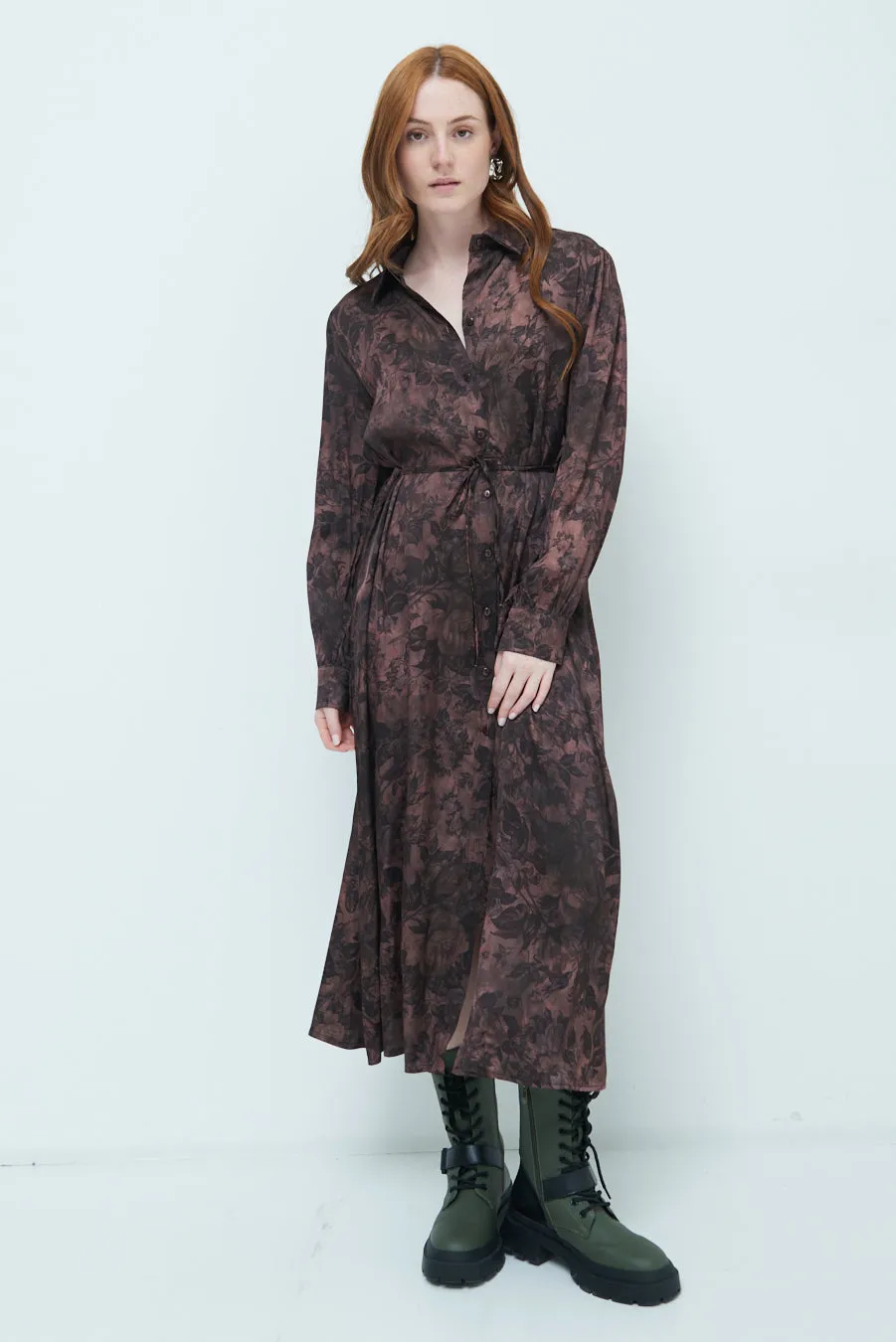 Floral belted midi shirt dress wholesale