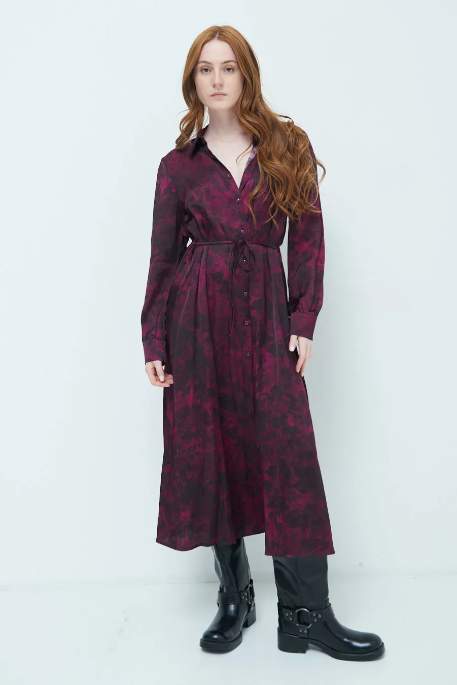 Floral belted midi shirt dress wholesale
