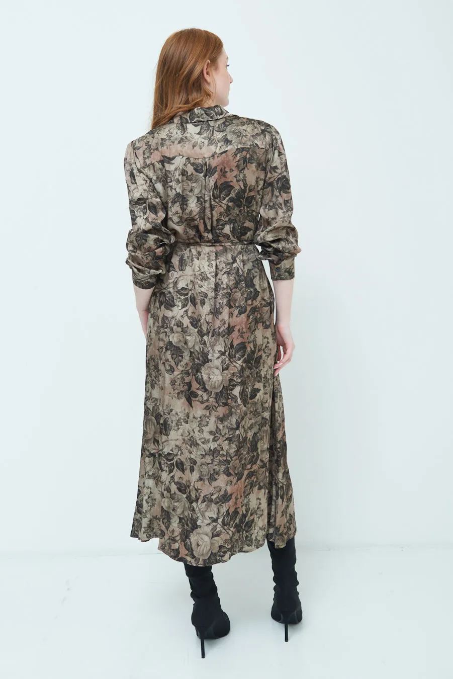 Floral belted midi shirt dress wholesale