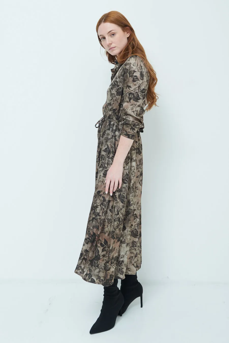Floral belted midi shirt dress wholesale