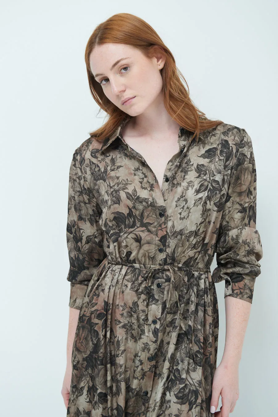 Floral belted midi shirt dress wholesale