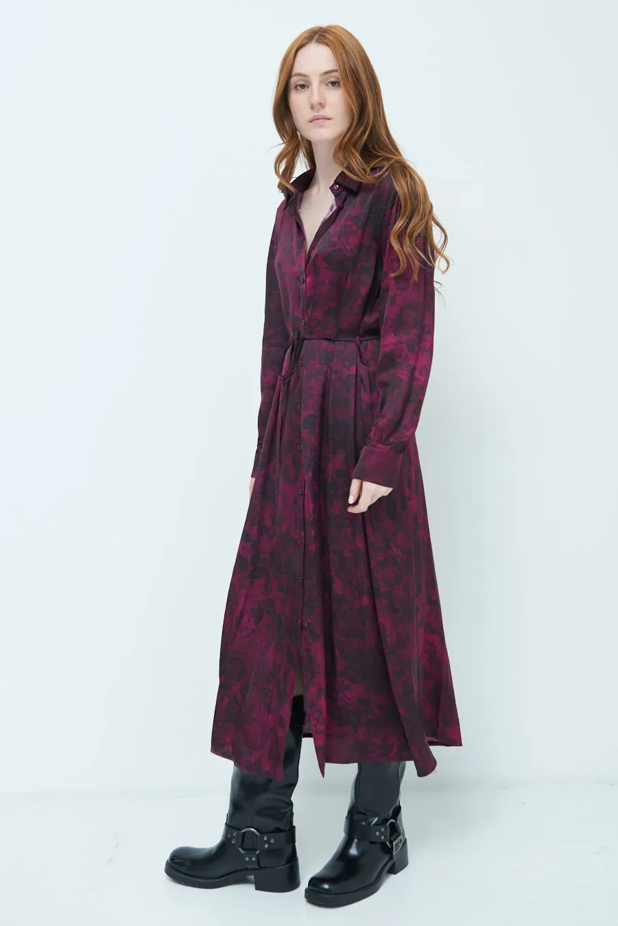Floral belted midi shirt dress wholesale