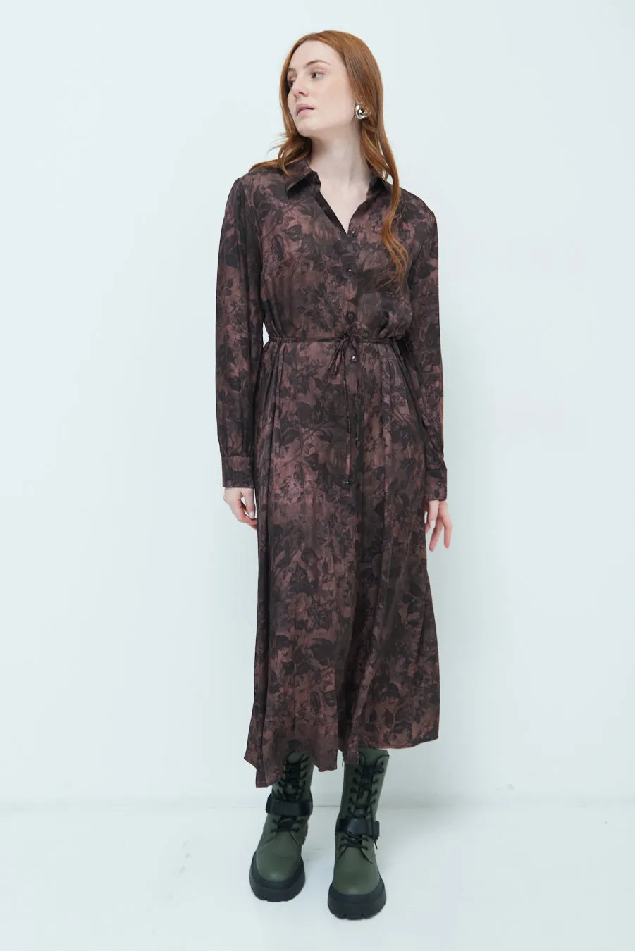 Floral belted midi shirt dress wholesale