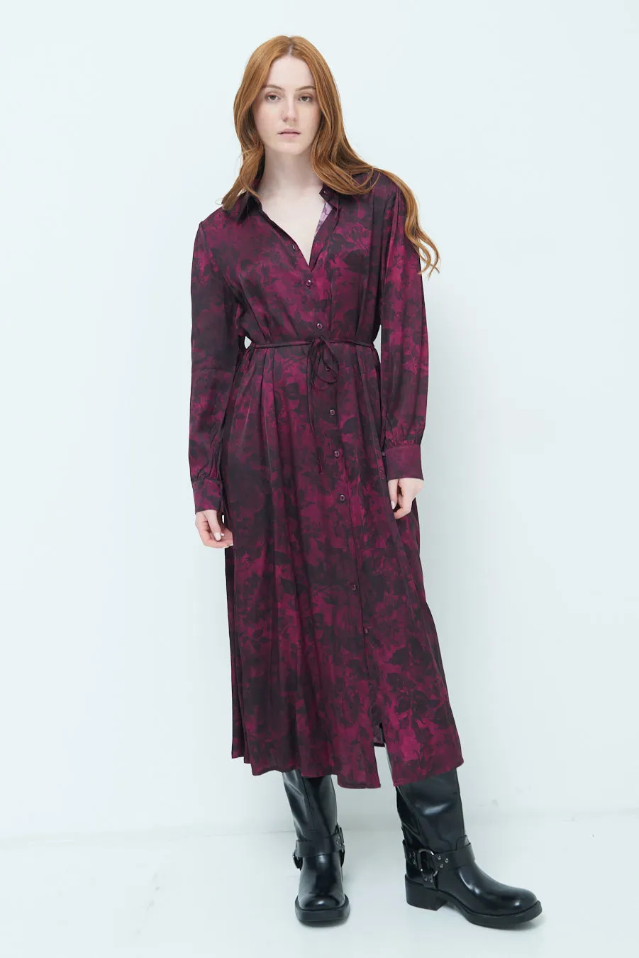 Floral belted midi shirt dress wholesale