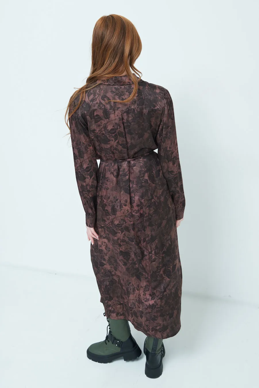Floral belted midi shirt dress wholesale