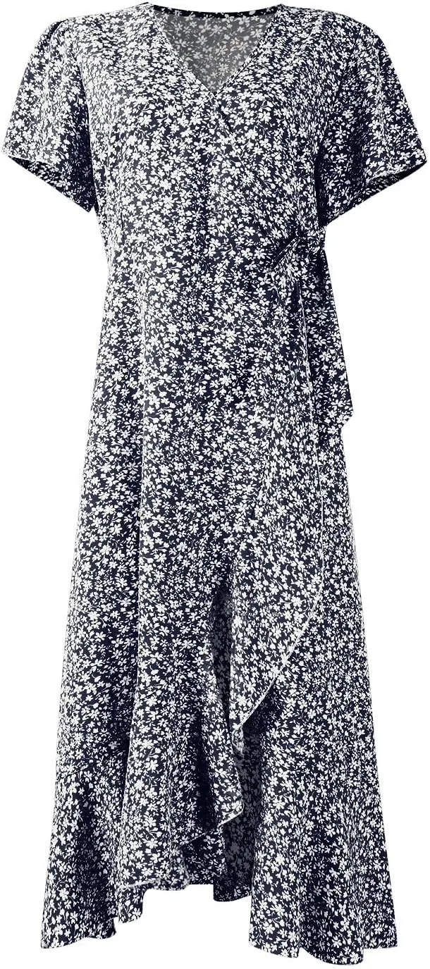 Floral Midi Dress for Women Flowy Vintage Casual A Line Wrap Dress Beach Vacation Trendy Boho V Neck Sundress