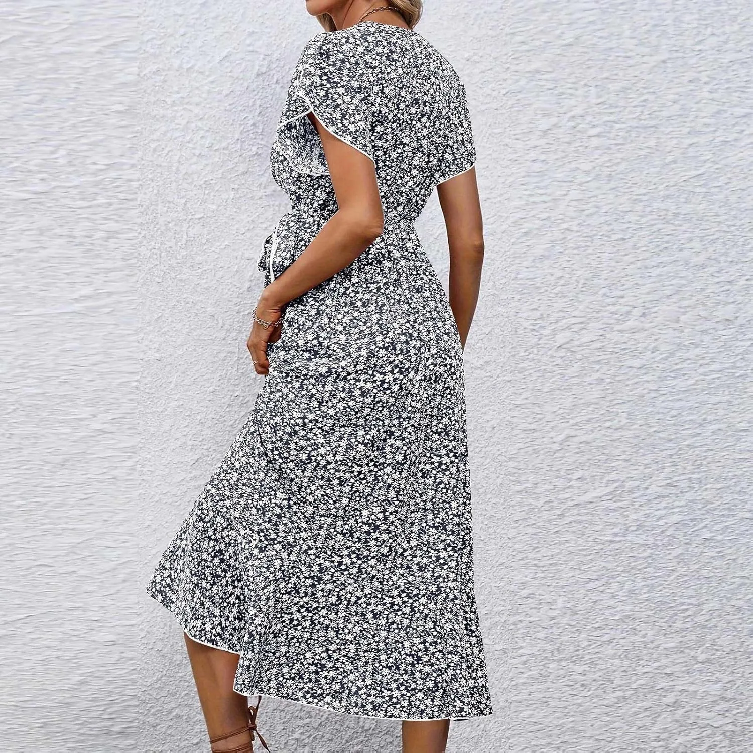 Floral Midi Dress for Women Flowy Vintage Casual A Line Wrap Dress Beach Vacation Trendy Boho V Neck Sundress