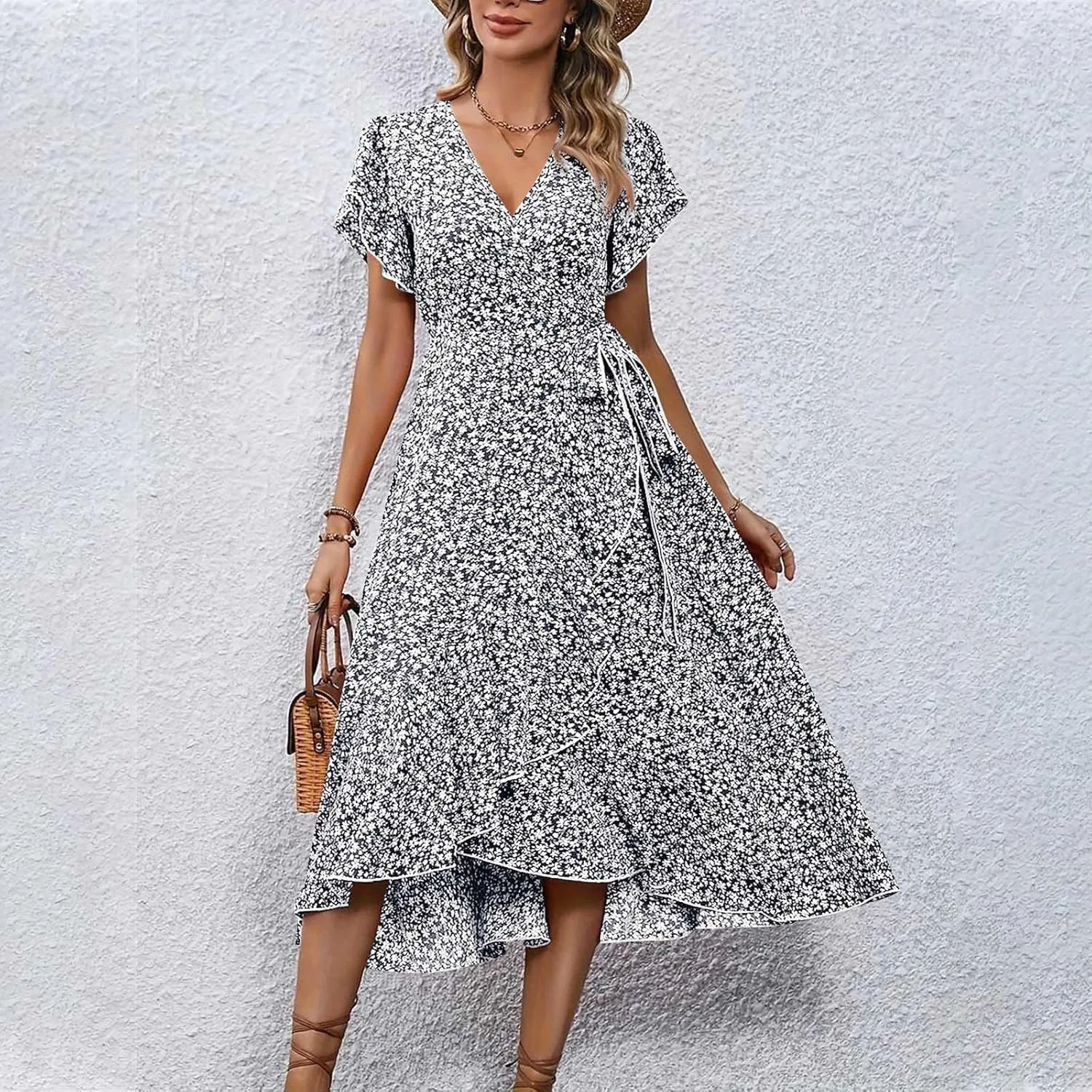 Floral Midi Dress for Women Flowy Vintage Casual A Line Wrap Dress Beach Vacation Trendy Boho V Neck Sundress