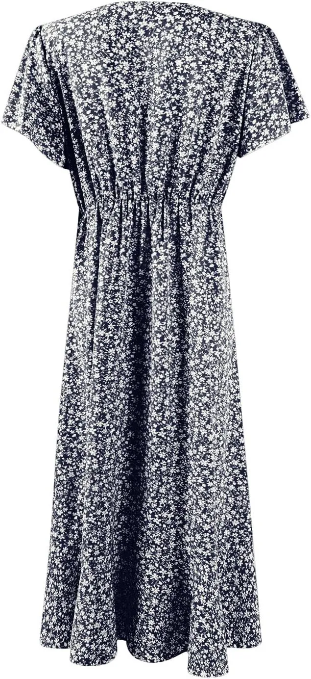 Floral Midi Dress for Women Flowy Vintage Casual A Line Wrap Dress Beach Vacation Trendy Boho V Neck Sundress