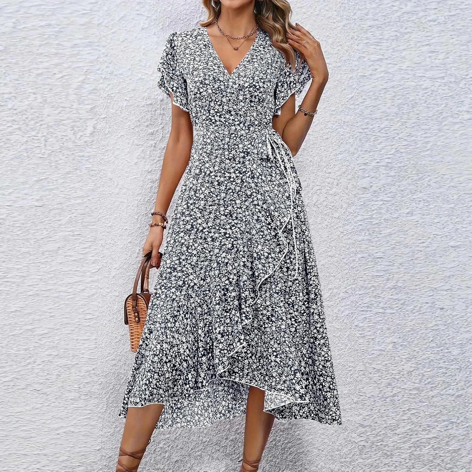 Floral Midi Dress for Women Flowy Vintage Casual A Line Wrap Dress Beach Vacation Trendy Boho V Neck Sundress