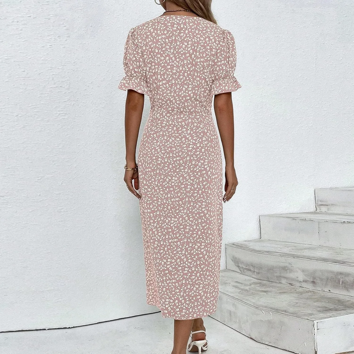 Floral Vacation Dresses for Women: Trendy V-Neck Ruched Short/Long Sleeve Dress - Casual Fashion for Spring/Summer
