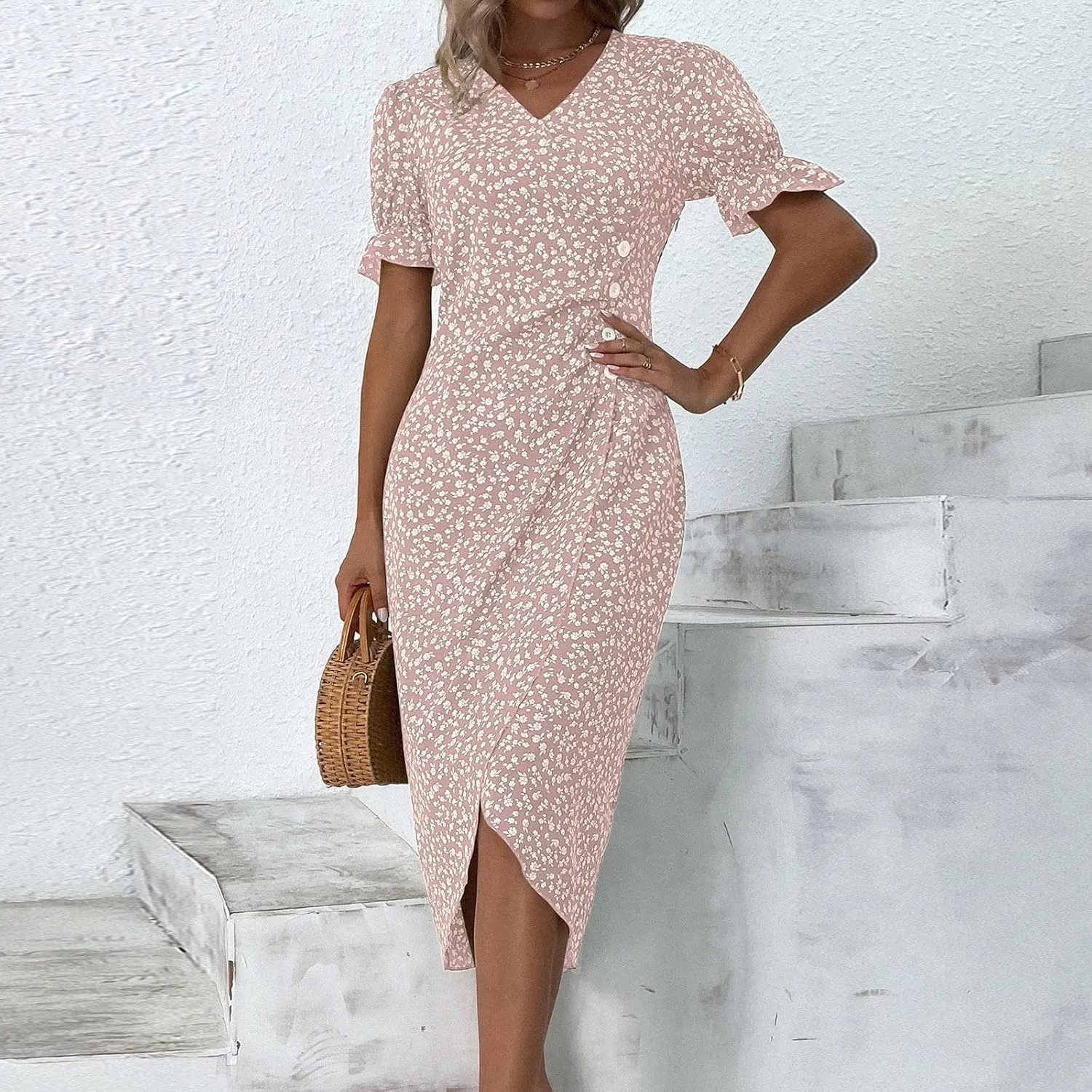 Floral Vacation Dresses for Women: Trendy V-Neck Ruched Short/Long Sleeve Dress - Casual Fashion for Spring/Summer