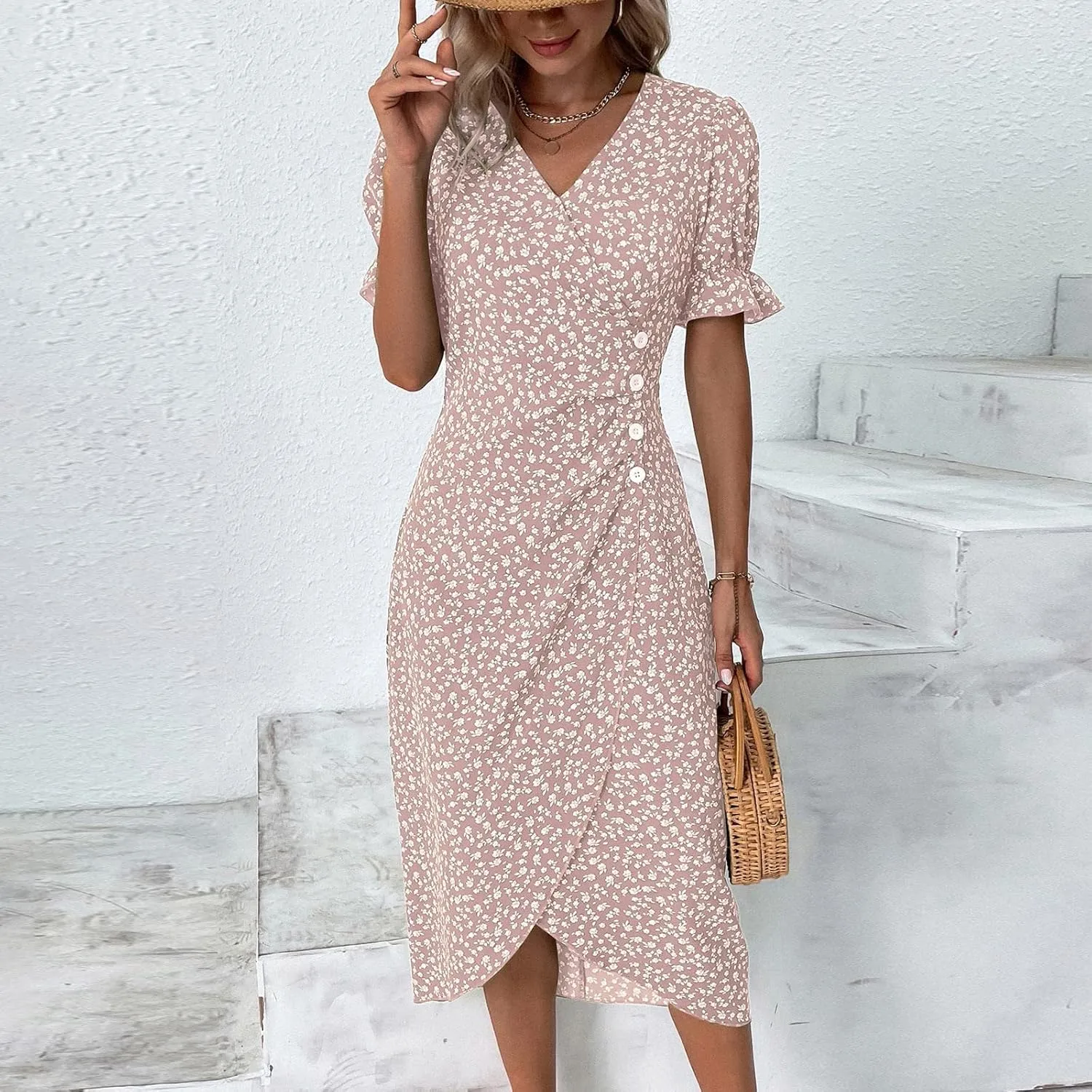 Floral Vacation Dresses for Women: Trendy V-Neck Ruched Short/Long Sleeve Dress - Casual Fashion for Spring/Summer