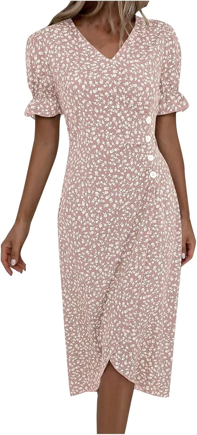 Floral Vacation Dresses for Women: Trendy V-Neck Ruched Short/Long Sleeve Dress - Casual Fashion for Spring/Summer