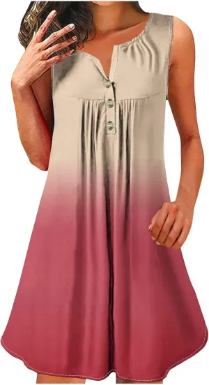 FZYLQY Sleeveless Button Front Swing Dress for Women Fashion Gradient Print Summer Tank Mini Dresses Casual Loose Beachwear