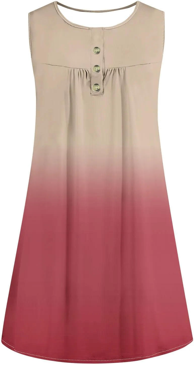 FZYLQY Sleeveless Button Front Swing Dress for Women Fashion Gradient Print Summer Tank Mini Dresses Casual Loose Beachwear