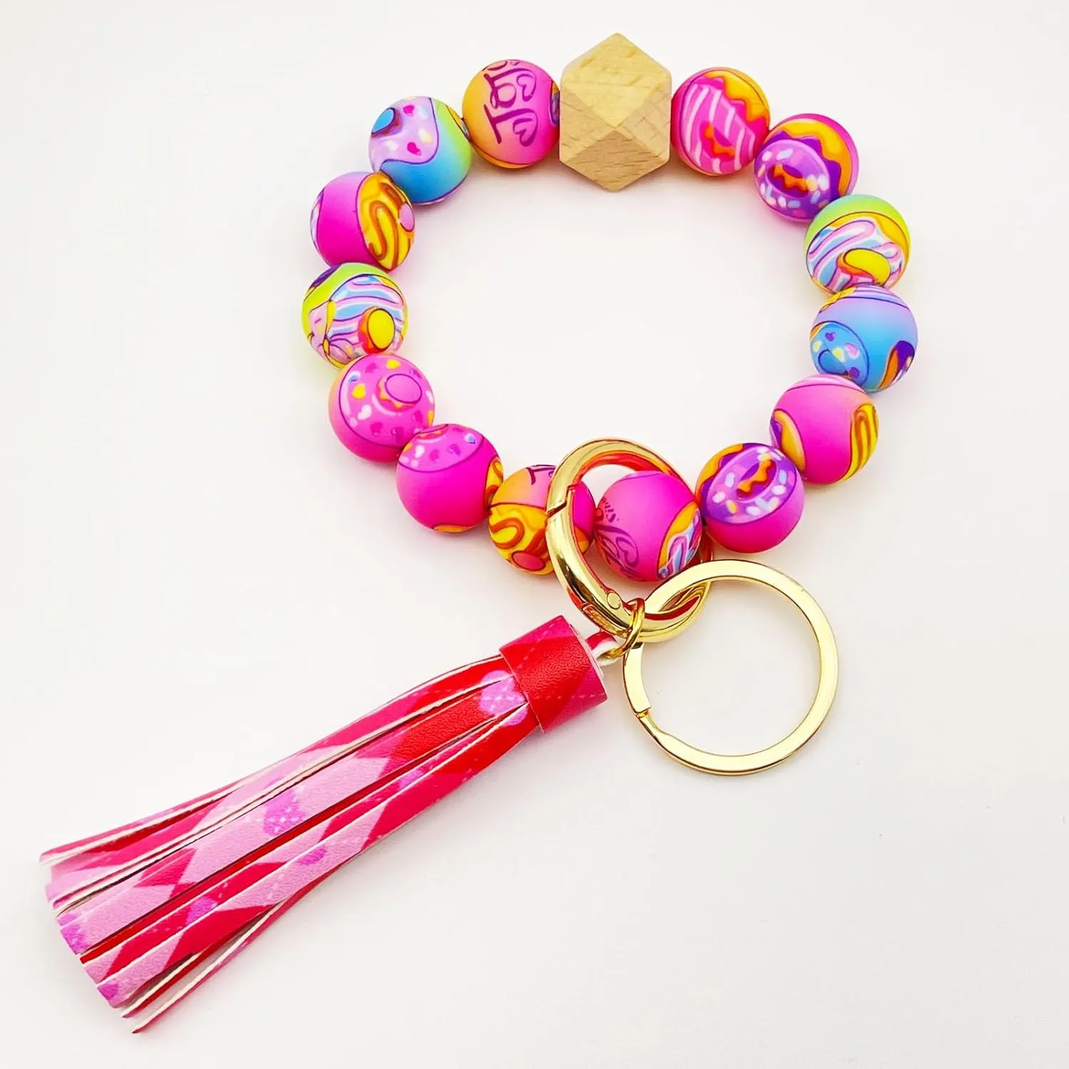 Gingham Silicone Beaded Bracelet Keychain Elastic Bangle Wrist Key Chains Keyring Car Key Holder Wristlet for Women
