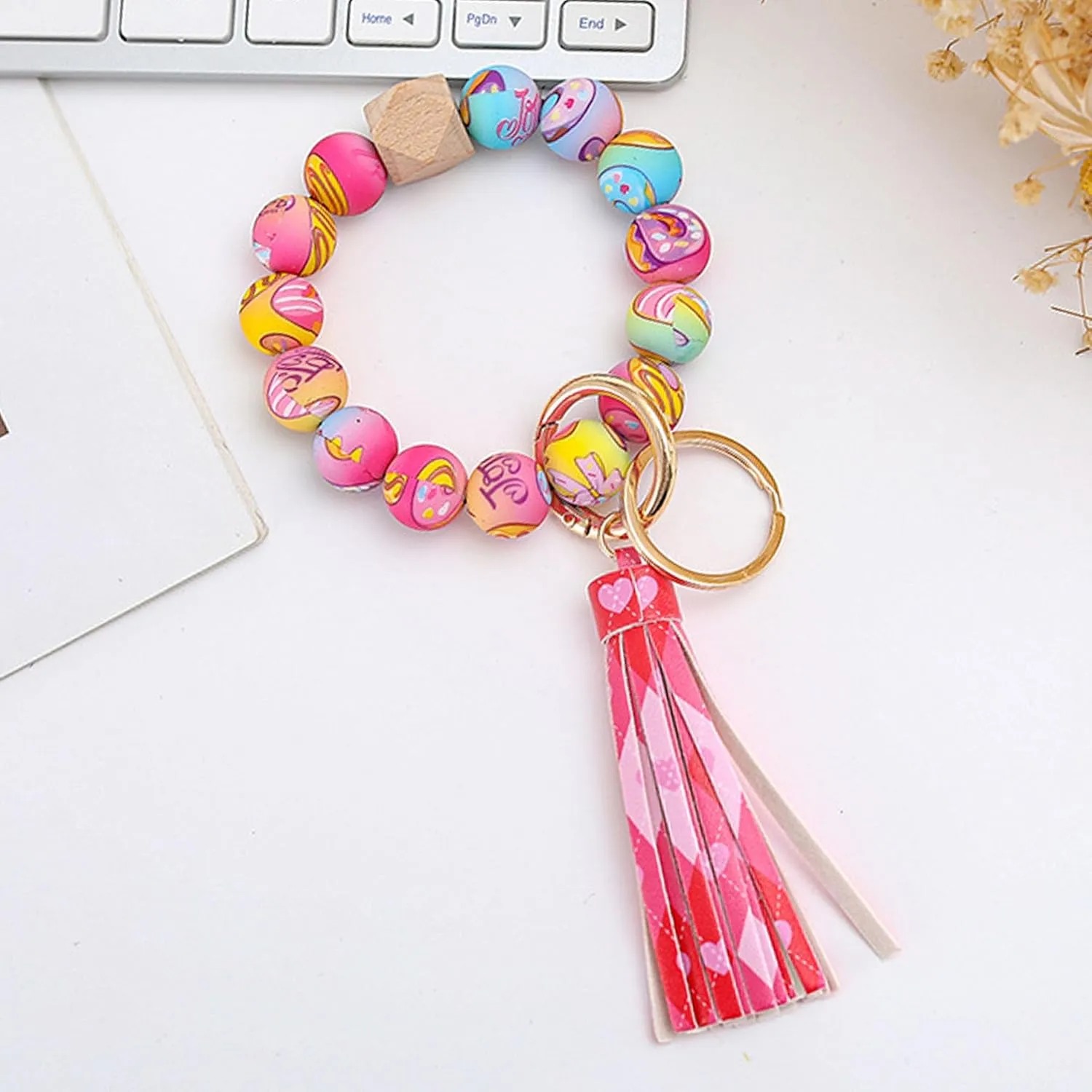Gingham Silicone Beaded Bracelet Keychain Elastic Bangle Wrist Key Chains Keyring Car Key Holder Wristlet for Women
