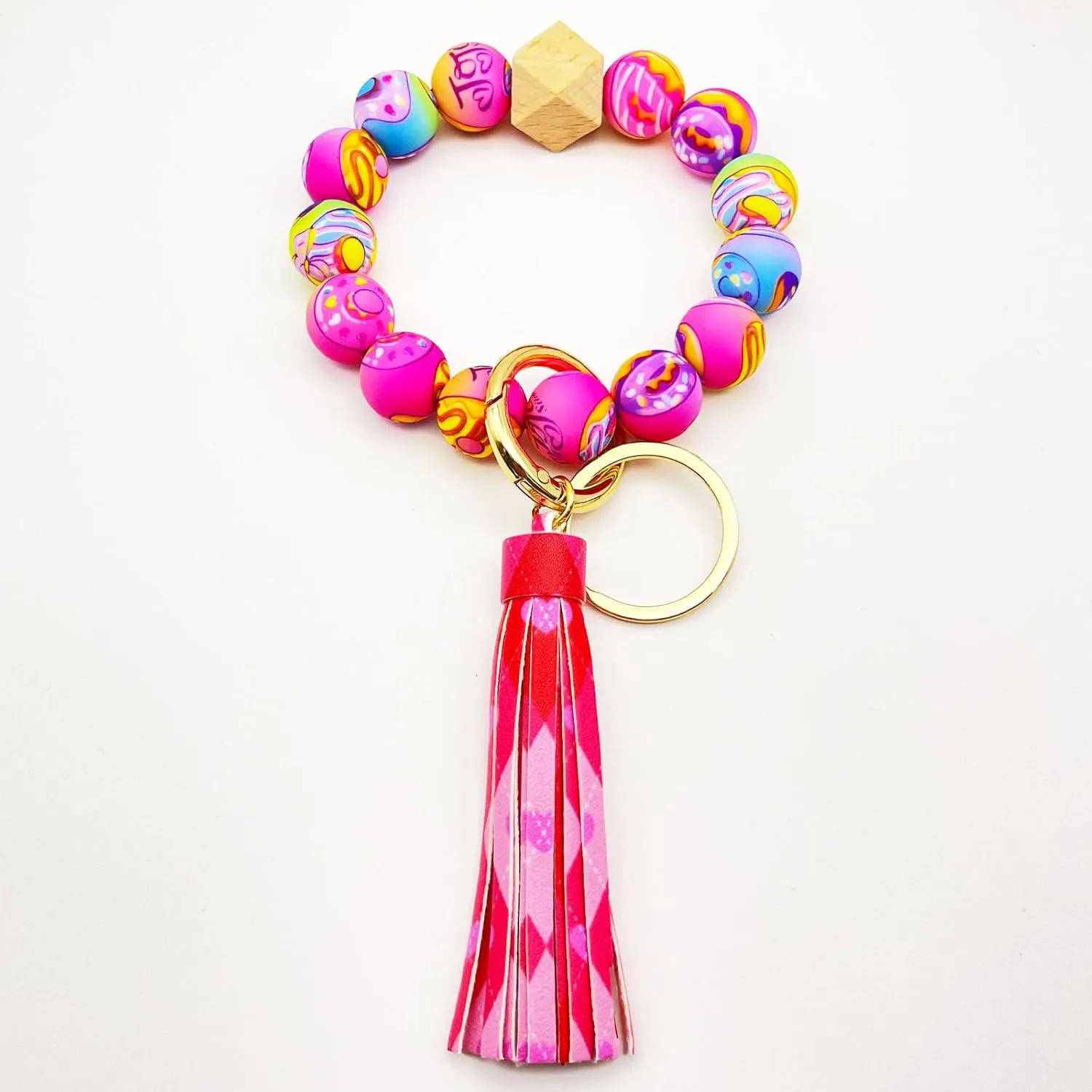 Gingham Silicone Beaded Bracelet Keychain Elastic Bangle Wrist Key Chains Keyring Car Key Holder Wristlet for Women