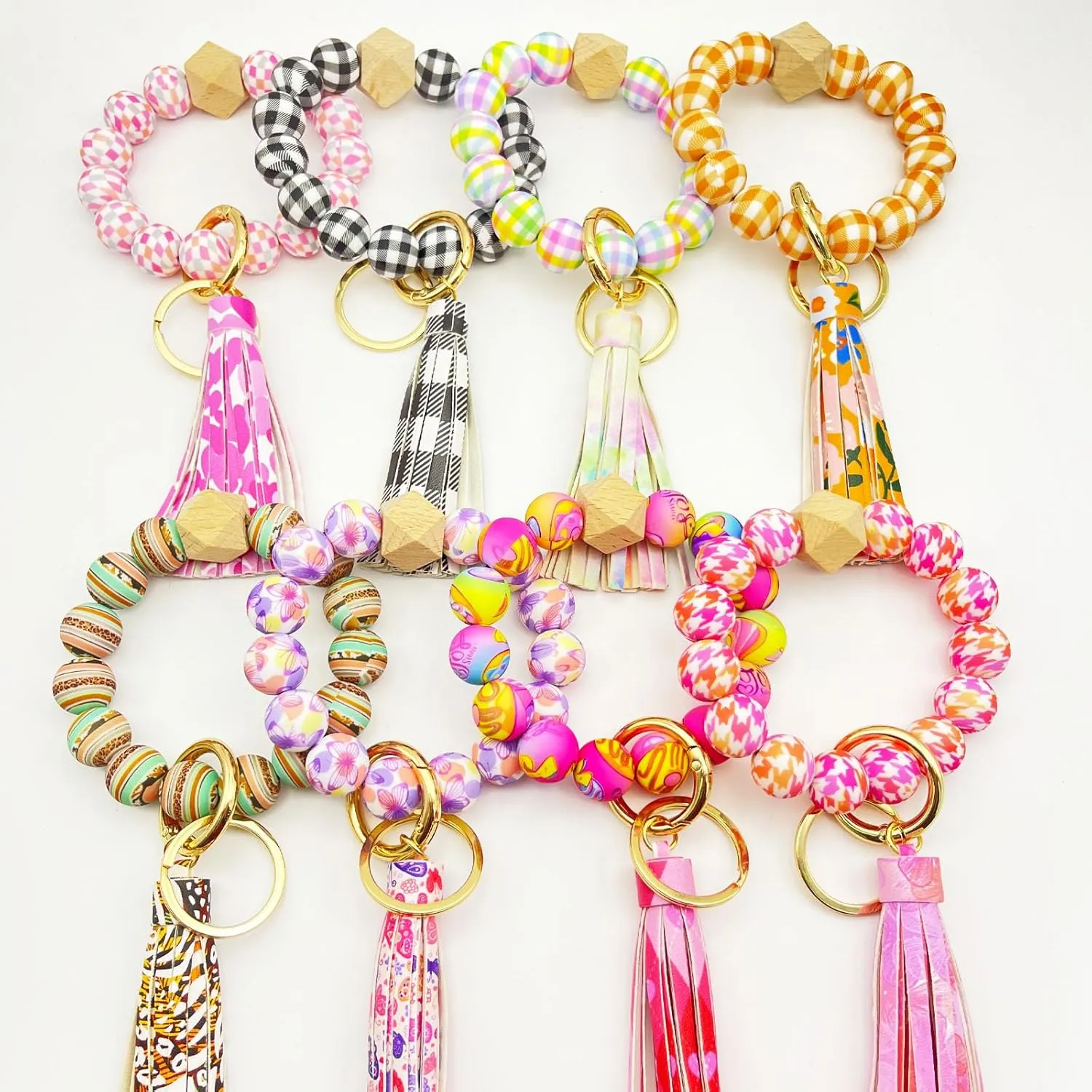 Gingham Silicone Beaded Bracelet Keychain Elastic Bangle Wrist Key Chains Keyring Car Key Holder Wristlet for Women