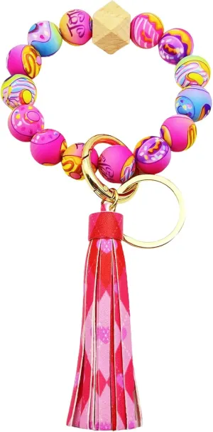 Gingham Silicone Beaded Bracelet Keychain Elastic Bangle Wrist Key Chains Keyring Car Key Holder Wristlet for Women