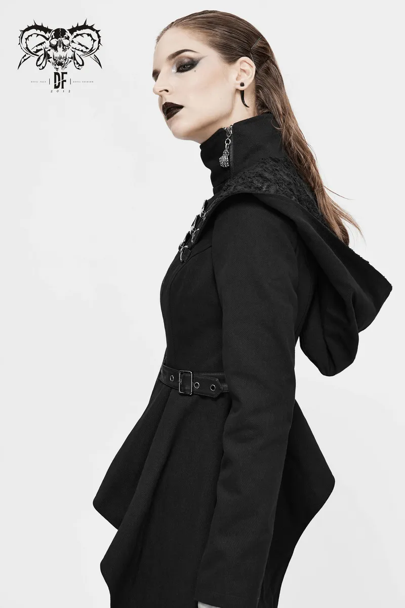 Gothic Asymmetric Jacket with Hood / Women's Diagonal Zip Jacket with Long Side