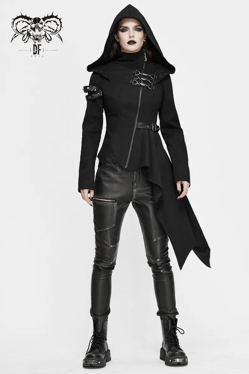 Gothic Asymmetric Jacket with Hood / Women's Diagonal Zip Jacket with Long Side