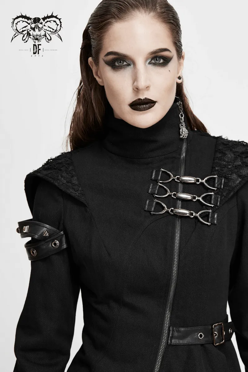 Gothic Asymmetric Jacket with Hood / Women's Diagonal Zip Jacket with Long Side