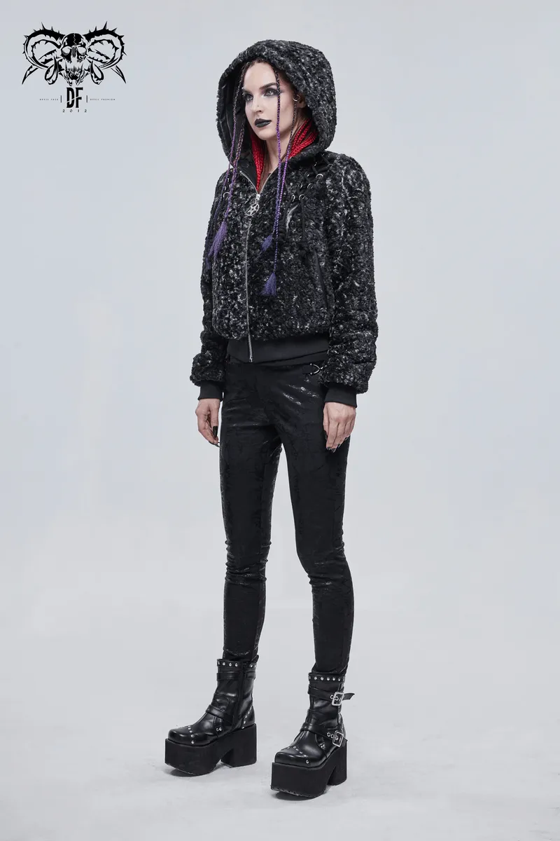 Gothic Strappy Splice Short Jacket with Hood / Women's Zipper Warm Jackets
