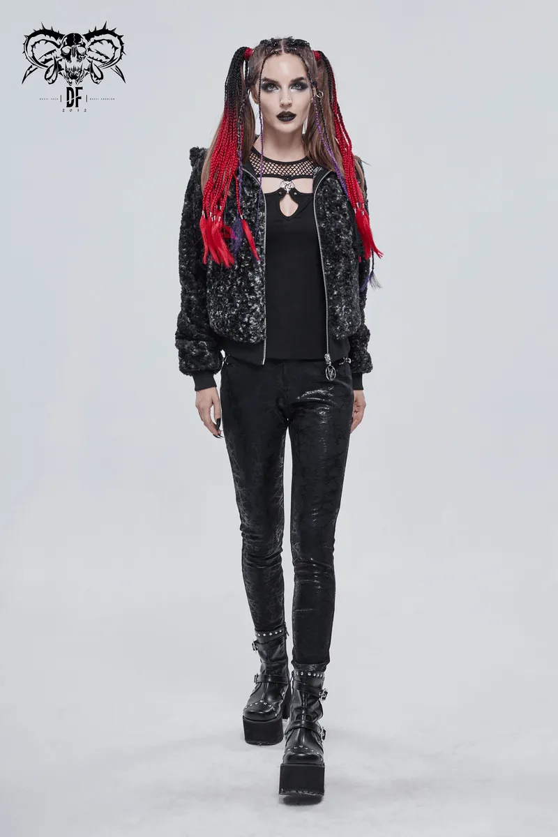 Gothic Strappy Splice Short Jacket with Hood / Women's Zipper Warm Jackets
