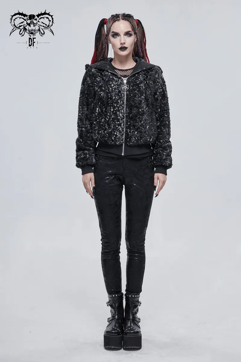 Gothic Strappy Splice Short Jacket with Hood / Women's Zipper Warm Jackets